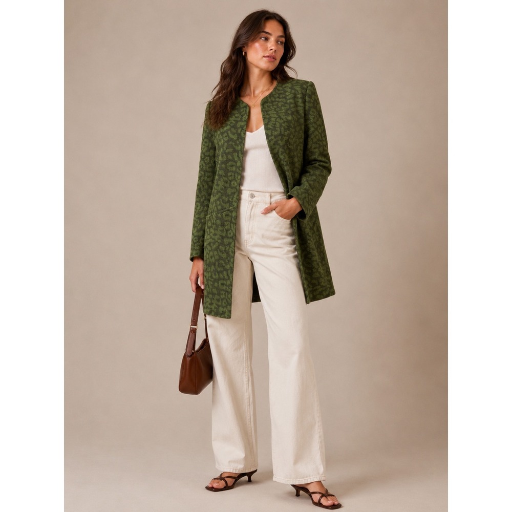 Grace Chuang‎ Coat Women S Green Leopard Wool Blend Pocket Old money Luxury